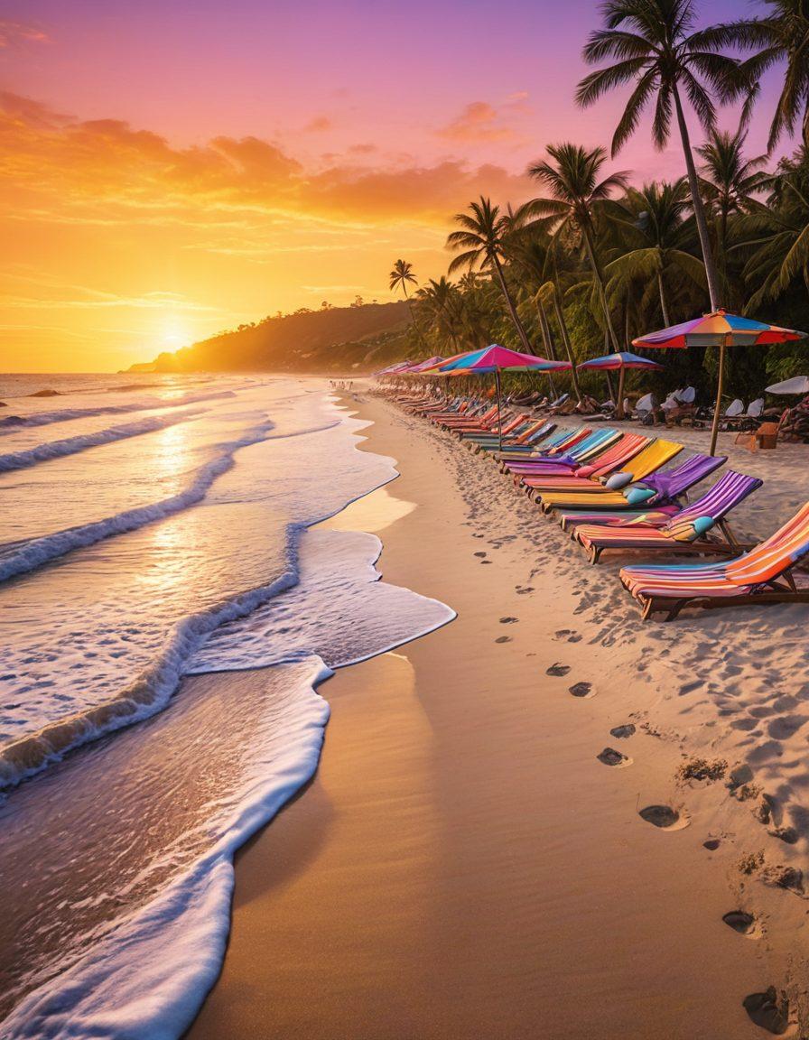 A lively beach scene showcasing a diverse group of people wearing trendy thongs and bikinis, each representing unique summer styles. The background features palm trees, golden sand, and a vibrant sunset sky, alongside colorful beach accessories like umbrellas and towels. Include summer elements like sandy footprints and beach balls for added fun. The overall atmosphere should be joyful and energetic, capturing the essence of summer adventures. vibrant colors. super-realistic. tropical vibe.