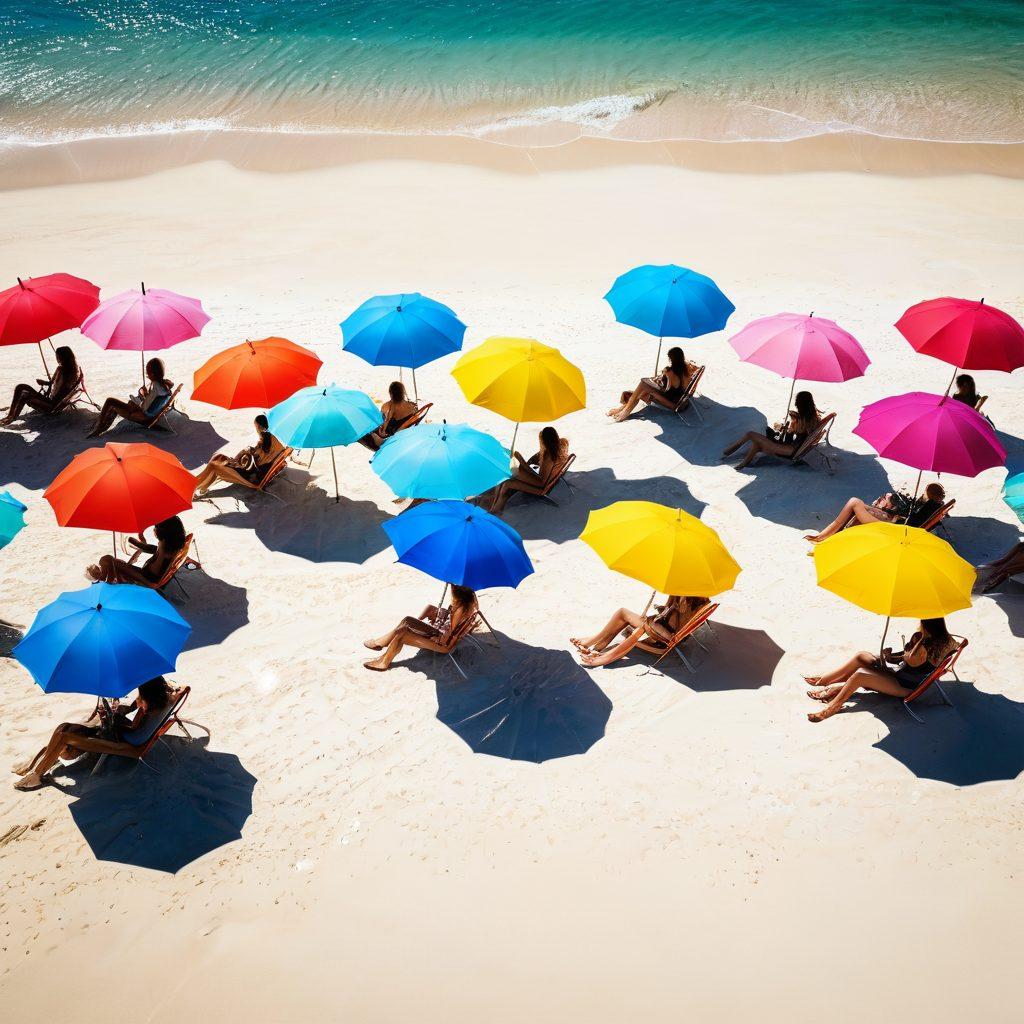 A stunning beach scene featuring a diverse group of stylish individuals wearing trendy beachwear, showcasing vibrant colors and unique designs. Include accessories like oversized sunglasses, beach hats, and colorful umbrellas, with crystal-clear water and white sand in the background. Emphasize a sense of confidence and joy among the beachgoers. surrealistic. vibrant colors. 3D.